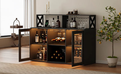 Maritcute Bar Cabinet with Power Outlets, Liquor Cabinet with Led Lights and Glass Holder, Storage Buffet Cabinet Coffee Bar Cabinet for Liquor, Wine Cabinet with Racks, Black