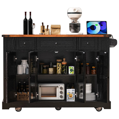 53'' Farmhouse Kitchen Island with Two Tempered Glass Cabinet Doors, Kitchen Rolling Island with Power Outlet 5 Open Side Racks and 3 Drawers,Mobile Island Table for Kitchen, Dining Room,Black