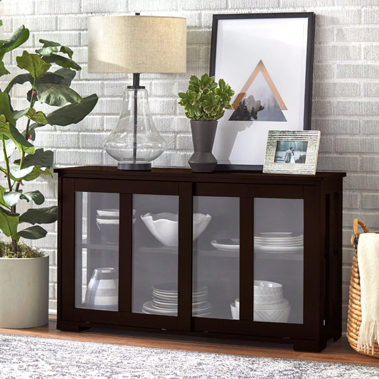 TMS 42” Wide Contemporary Tempered Glass Sliding Door Stackable Dining Room Sideboard, Espresso Brown Finish