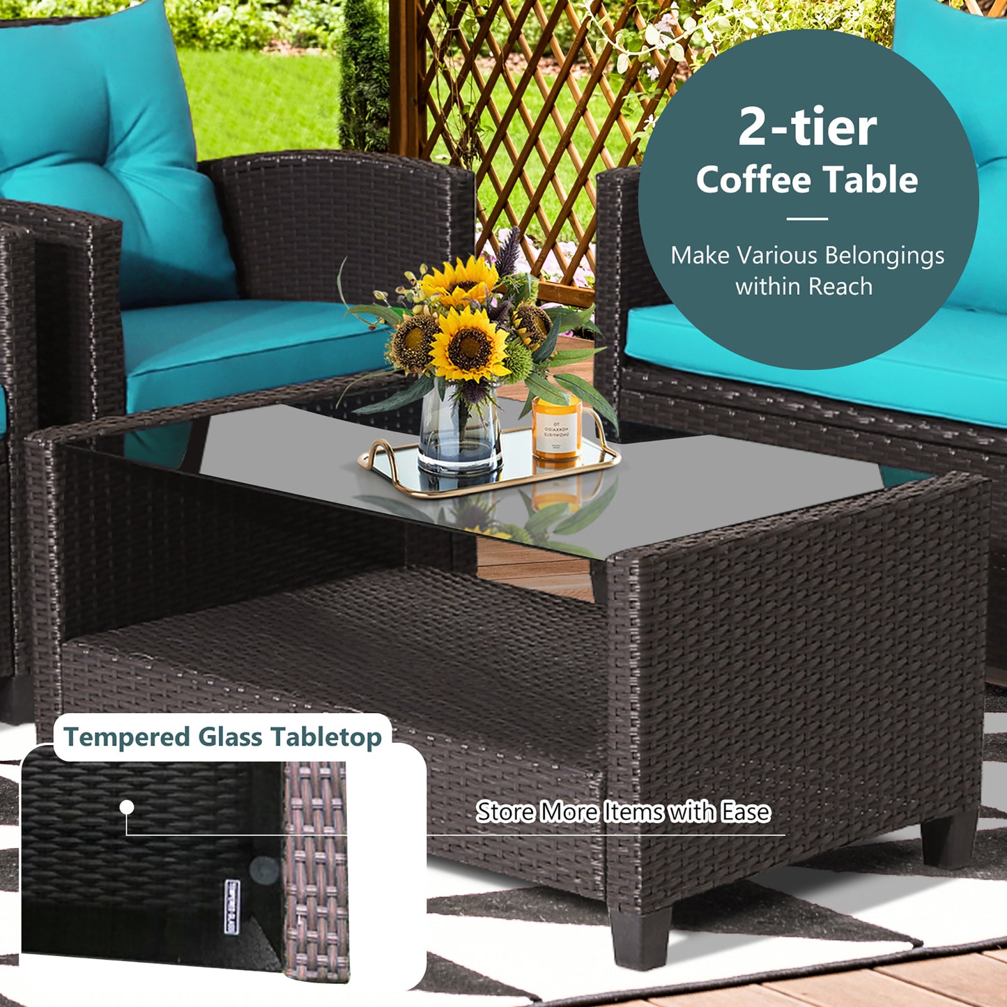 Costway 8 PCS Patio Rattan Furniture Set Glass Table Shelf Sofa Cushion Turquoise