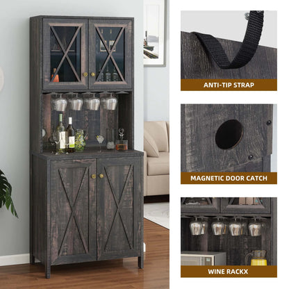 DEXTRUS Farmhouse Kitchen Pantry Storage Cabinet with Doors & Glass Holder, Dark Oak