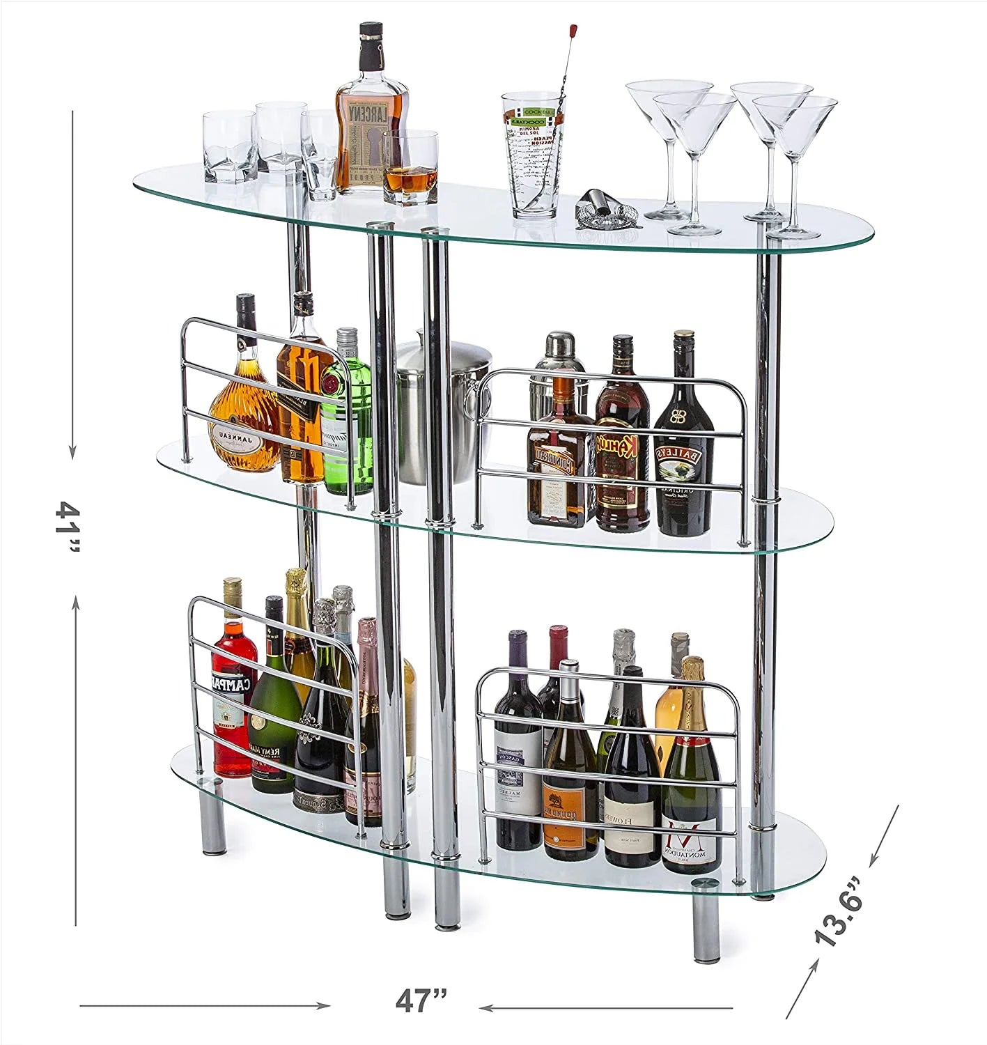 Mango Steam Contemporary Home Bar Liquor Table | Modern Clear Tempered Glass Shelves | 41" H x 47" L x 13.6" D