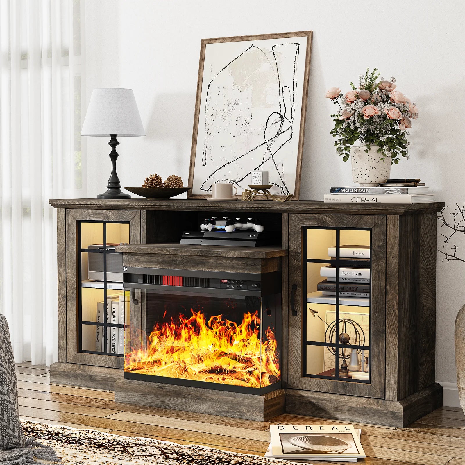 Easoger Fireplace TV Stand for TVs up to 65", 12 Flame Colors&12 LED Light Colors, TV Console with 3-Sided Glass Fireplace, for Living Room, Gray