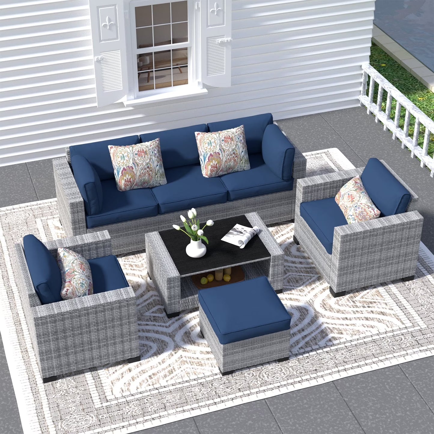 SHGJ& SOFT 7 Piece Patio Furniture Set, Wicker Outdoor Sectional Sofa with Washable Cushion Covers and Tempered Glass Table, Rattan Conversation Set for Poolside, Lawn, Balcony