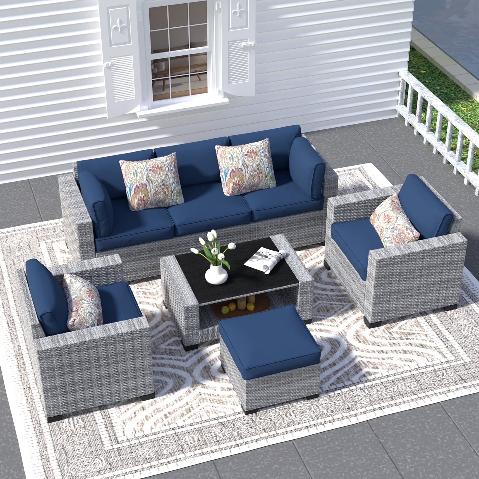 SHGJ& SOFT 7 Piece Patio Furniture Set, Wicker Outdoor Sectional Sofa with Washable Cushion Covers and Tempered Glass Table, Rattan Conversation Set for Poolside, Lawn, Balcony