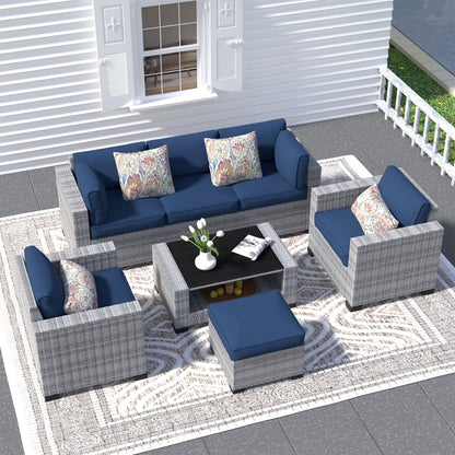 SHGJ& SOFT 7 Piece Patio Furniture Set, Wicker Outdoor Sectional Sofa with Washable Cushion Covers and Tempered Glass Table, Rattan Conversation Set for Poolside, Lawn, Balcony