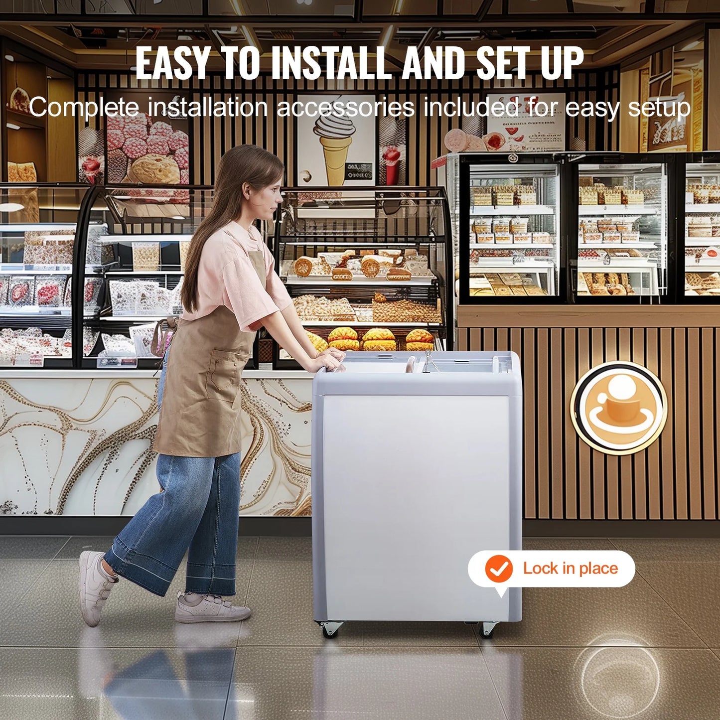 KFFKFF Ice Cream Showcase, 5.6 Cu.ft Freezer with Glass Lid, Portable Gelato Cabinet with 4 Tubs, Dual Sliding Doors & Wheels, Lock Feature, for Shops, White