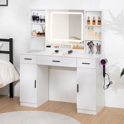 Hommpa Vanity Desk, Makeup Vanity with LED Lighted Mirror Vanity with Glass Top Drawers Vanity Table with Charging Station for Girls Bedroom Large Storage Cabinet Shelves, White