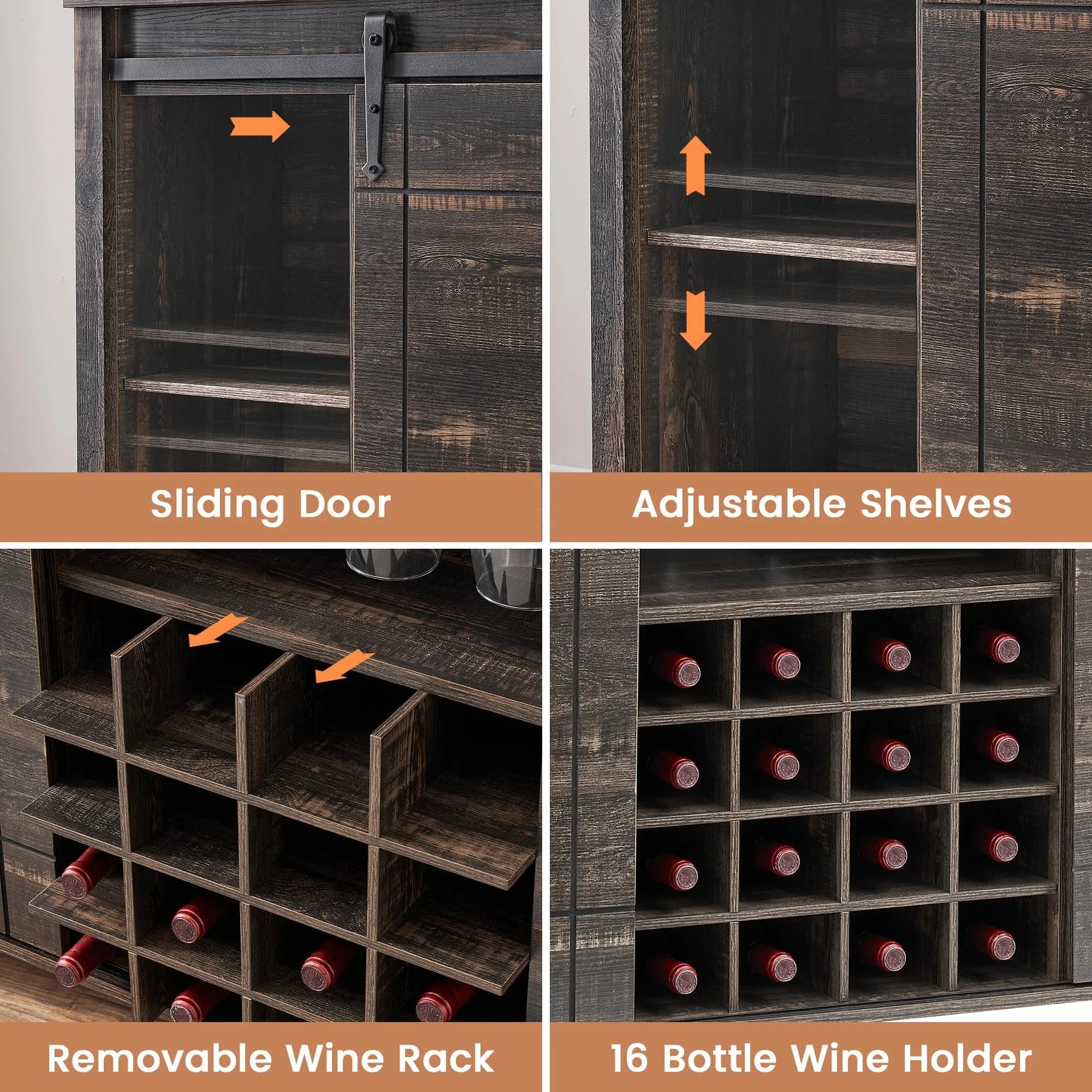 DSstyles 47" Coffee Bar Cabinet w/16 Wine & Glass Rack, Storage Shelves Farmhouse Wine Bar Cabinet w/Sliding Barn Door Rustic Large Buffet Sideboard Cabinet for Dining Room