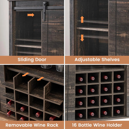 DSstyles 47" Coffee Bar Cabinet w/16 Wine & Glass Rack, Storage Shelves Farmhouse Wine Bar Cabinet w/Sliding Barn Door Rustic Large Buffet Sideboard Cabinet for Dining Room