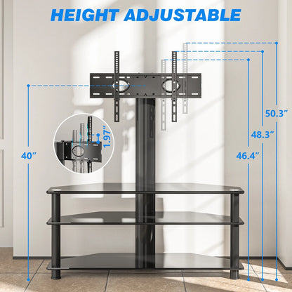 RTVR Modern 3 in 1 TV Stand with Mount for Flat Screens up to 65 inch, Black Glass Corner TV Stand for Bedroom
