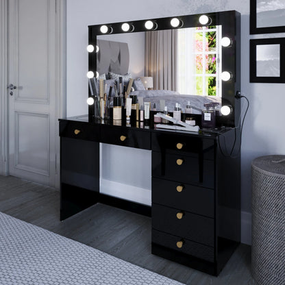 Ember Interiors Modern Large Greige Makeup Vanity Desk with Built-in Lights, Power Outlet with USB Type-C, Glass Top, 7 Drawers and Crystal Knobs