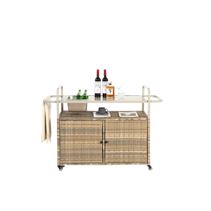 Yiweny Outdoor Rolling Wicker Bar Cart, Large Portable Outdoor Wicker Bar Table with Cabinet Storage and Glass Countertop, Patio Wicker Serving Bar Cart for Pool, Party, Backyard, Black