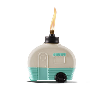 TIKI Brand Decorative Glass 5.85 inch Tall Camper Tabletop Torch White and Turquoise