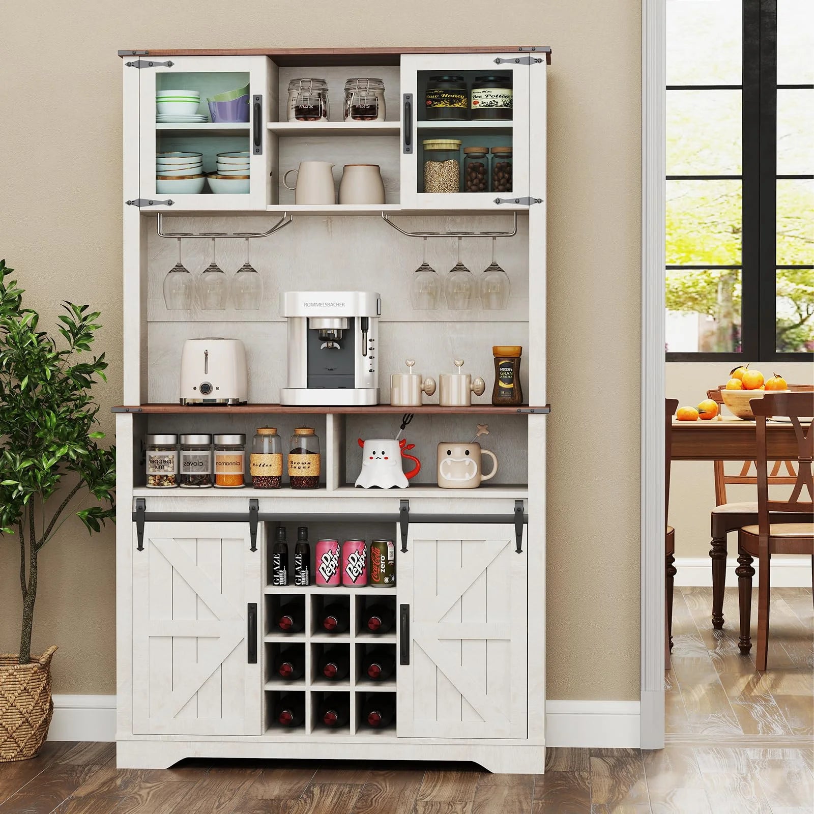 72" Farmhosue Coffee Bar Cabinet with Storage, Tall Kitchen Buffet with Hutch & Wine & Glasses Rack, Sliding Barn Door, Charging Station, RGB Lighting, 12 Storage Shelves, Sideboard Table