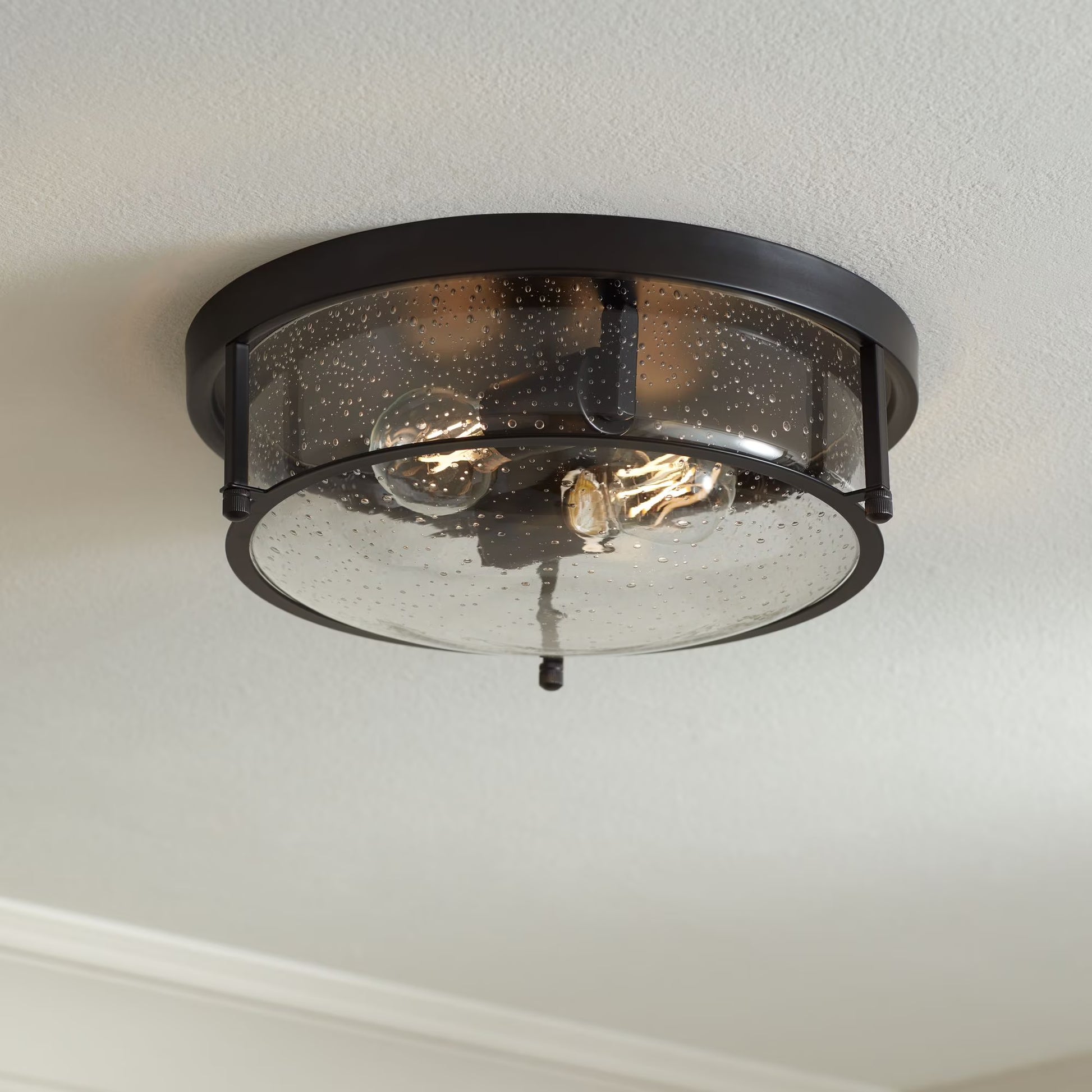 Franklin Iron Works Midnight 13" Modern Flush-Mount Ceiling Light Fixture Kitchen Foyer Hallway Round 2-Light Black Seeded Glass