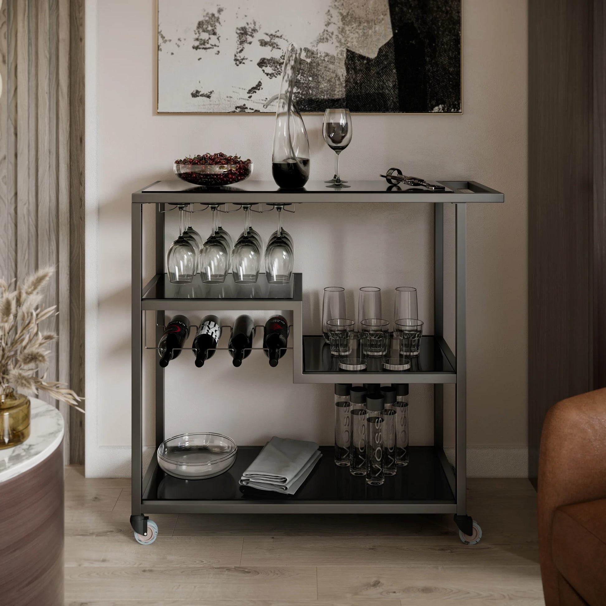Holly & Martin Zephs indoor Bar Cart - Gunmetal Gray with Black Glass 40 x 37.5