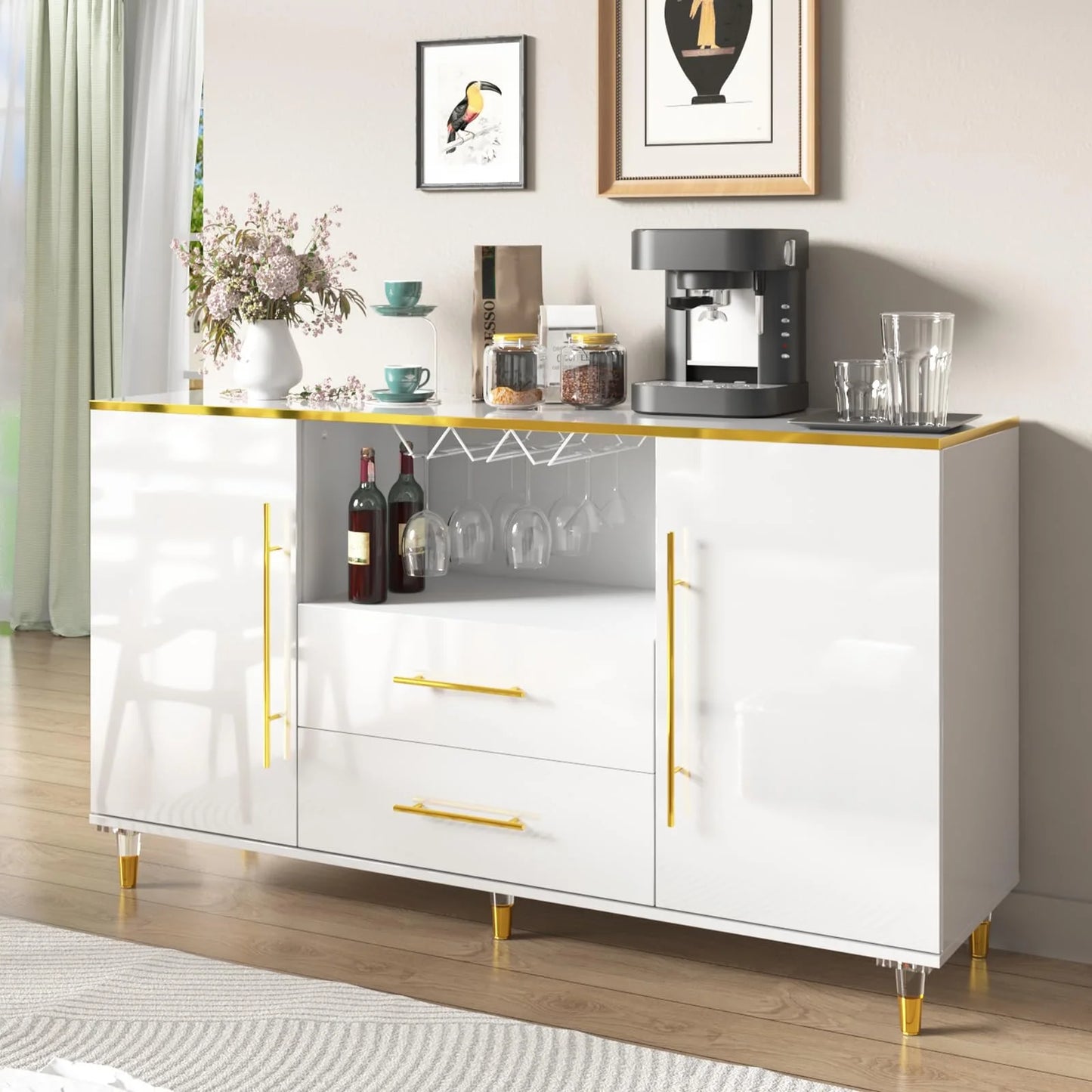 MARNUR Sideboard Buffet Cabinet, 55" Coffee Bar Cabinet with 2 Drawers and Wine Glass Holder for Kitchen Dining Room Living Room, White