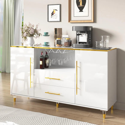 MARNUR Sideboard Buffet Cabinet, 55" Coffee Bar Cabinet with 2 Drawers and Wine Glass Holder for Kitchen Dining Room Living Room, White