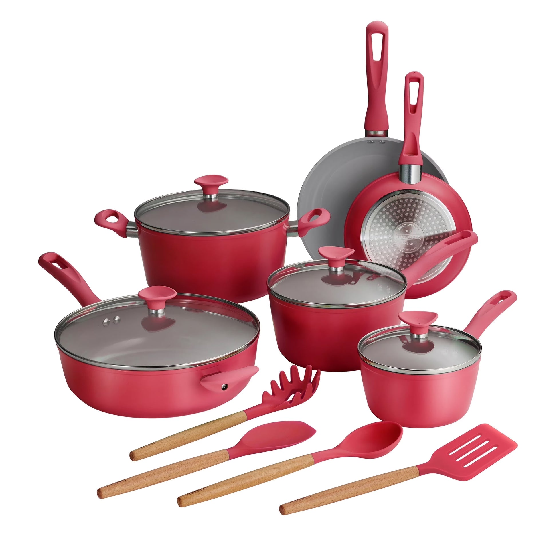Tramontina Solara 14-Piece Aluminum Ceramic Nonstick Cookware Set with Utensils & Glass Lids, Induction-Ready, Oven & Dishwasher Safe - Red
