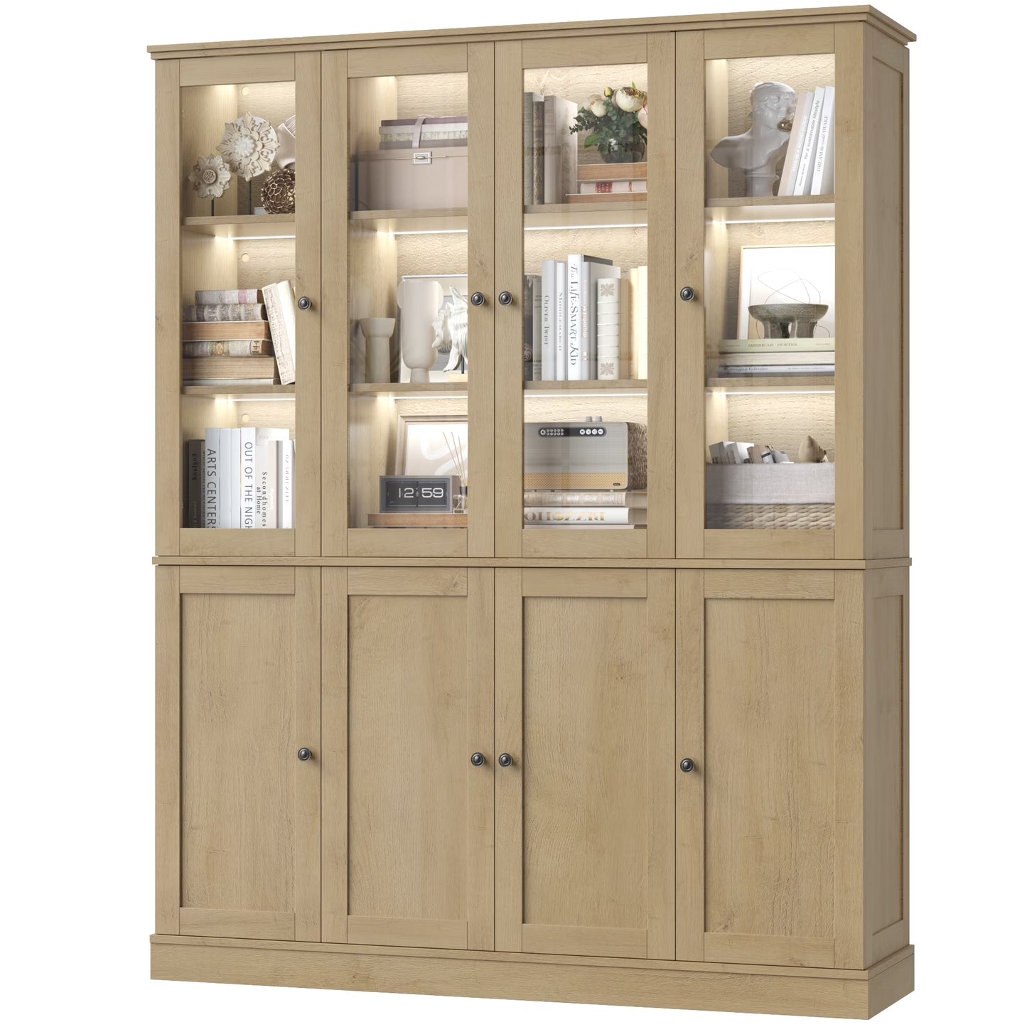 Homfa Kitchen Pantry Cabinet with Glass Doors, 74° Tall Display Cabinets with LED & Adjustable Shelves for Living Room Office, White