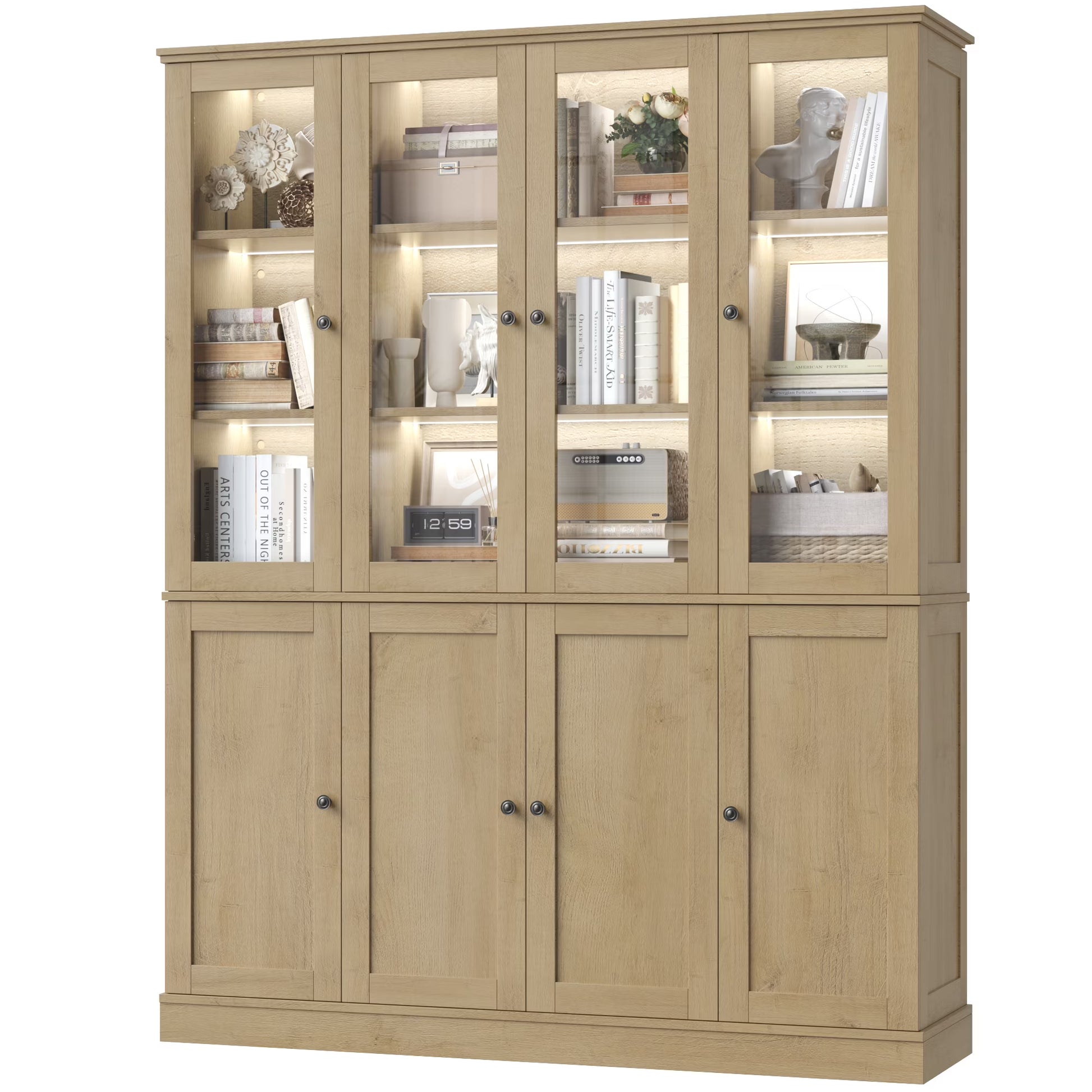 Homfa Kitchen Pantry Cabinet with Glass Doors, 74° Tall Display Cabinets with LED & Adjustable Shelves for Living Room Office, White