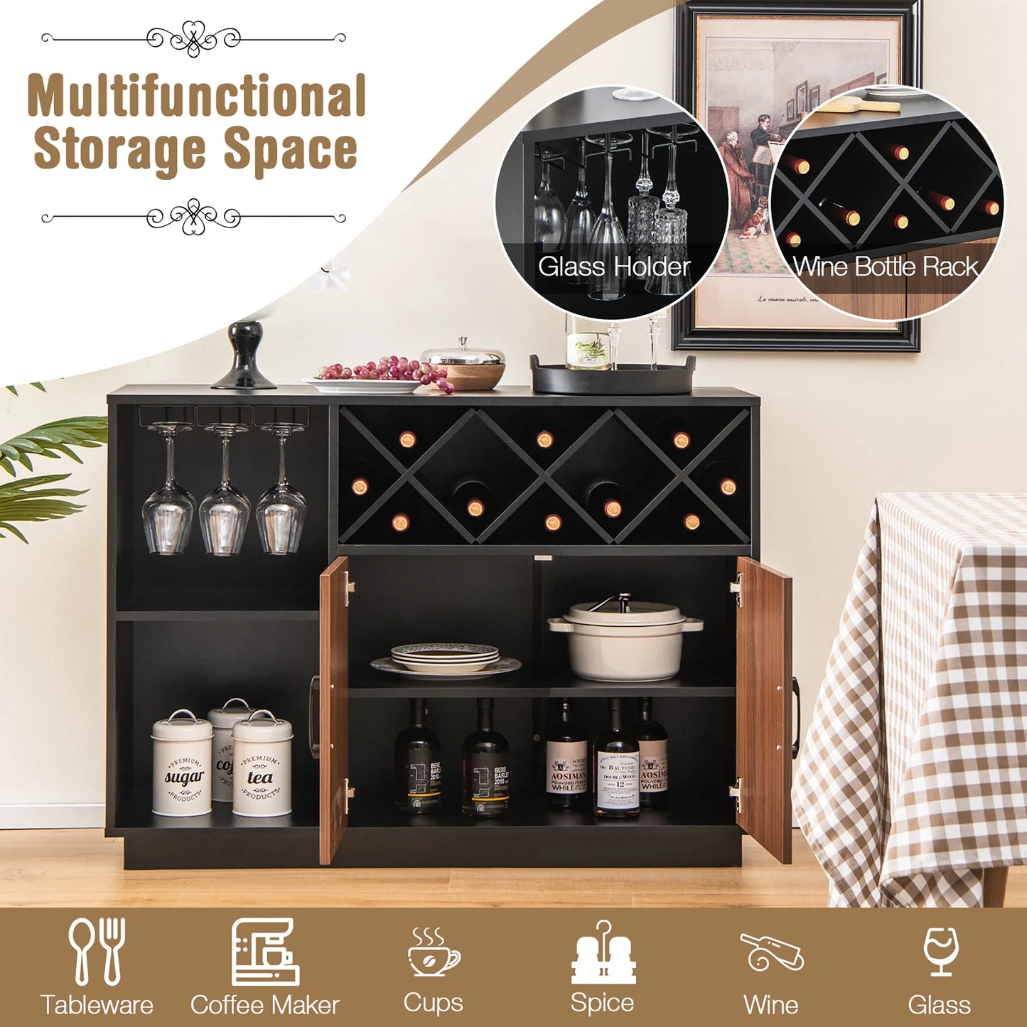 Costway Industrial Wine Bar Cabinet Sideboard Buffet with Glass Holder & Adjustable Shelf