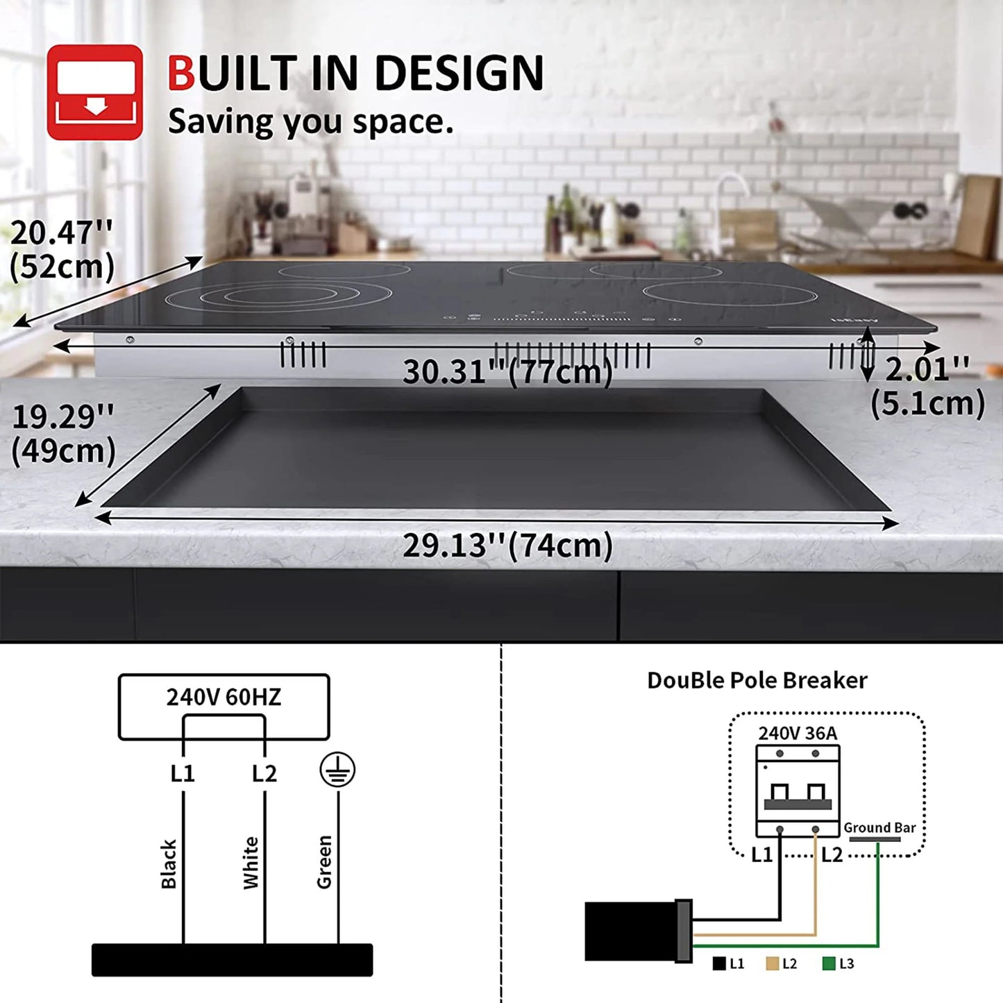 IsEasy Electric Ceramic Cooktop, 30" 4 Burners Built-in Countertop Burners Cooker Satin Glass in Black Touch Sensor Control, Timer, Child Safety Lock, 9 Power Levels, 220-240V 7200W
