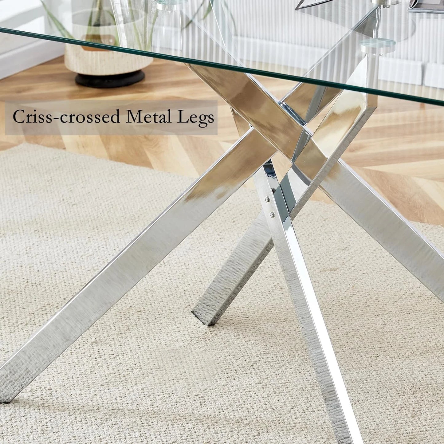 SSYBAB Glass Dining Table for 4 People, 51.2 Inches Rectangular Glass Kitchen Table with Silver Steel Legs, Modern Dining Room Table for Dinner Kitchen Dining Room