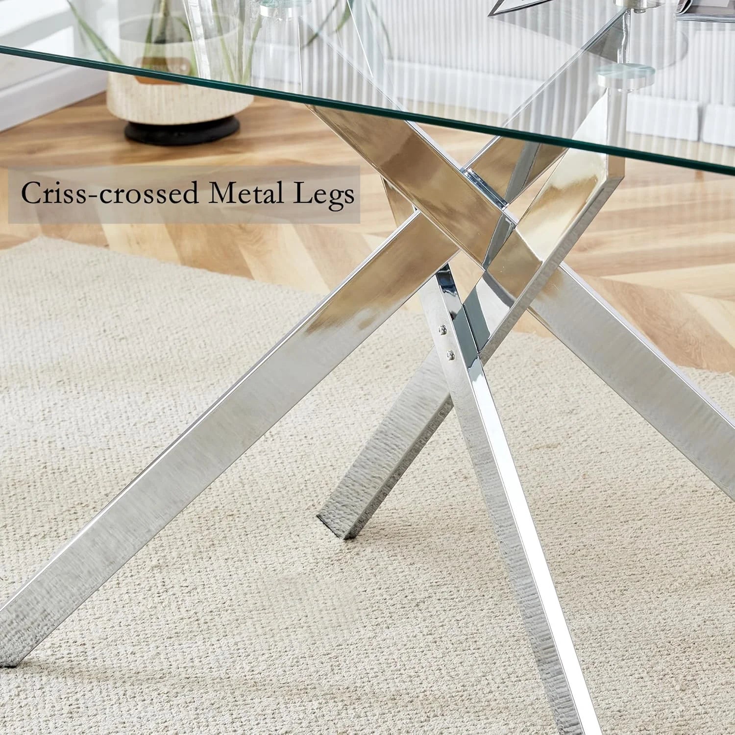 SSYBAB Glass Dining Table for 4 People, 51.2 Inches Rectangular Glass Kitchen Table with Silver Steel Legs, Modern Dining Room Table for Dinner Kitchen Dining Room