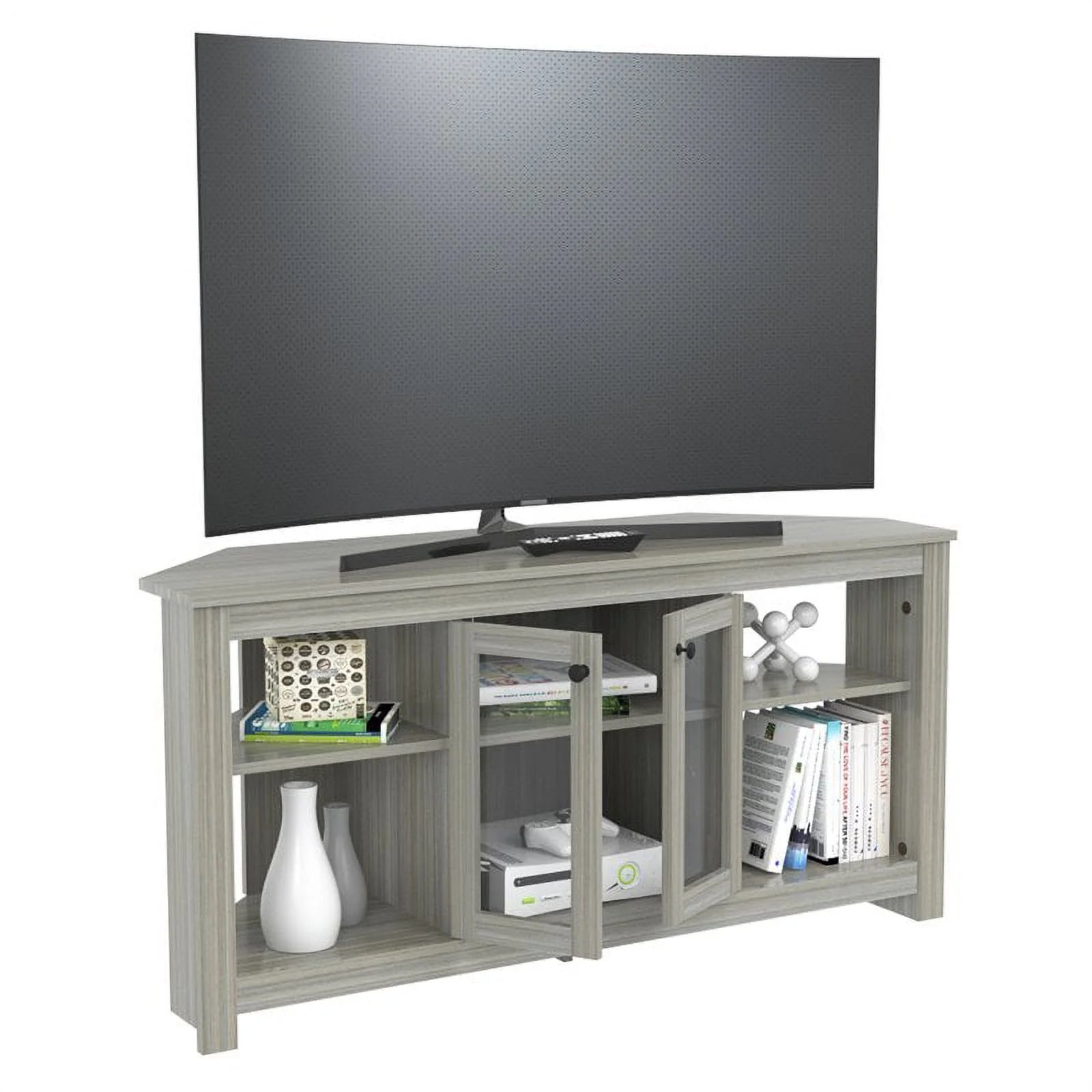 Inval Corner Laminate 60° TV Stand with Glass Doors, White