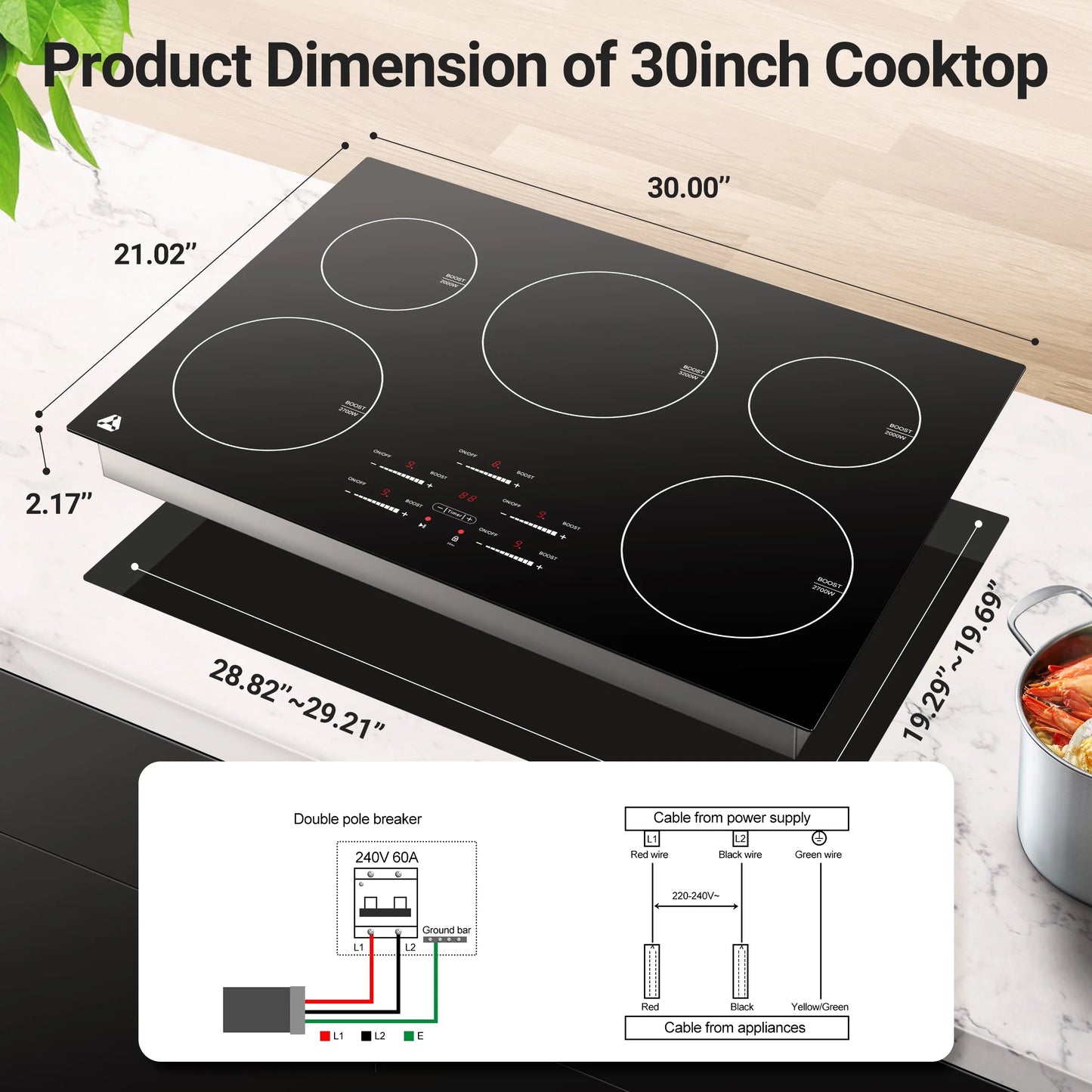 Sunmaki 30-Inch Electric Cooktop, 5-Burner Built-in Ceramic Glass Stove Top with Touch Control, 10600W