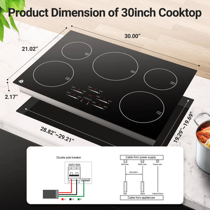Sunmaki 30-Inch Electric Cooktop, 5-Burner Built-in Ceramic Glass Stove Top with Touch Control, 10600W
