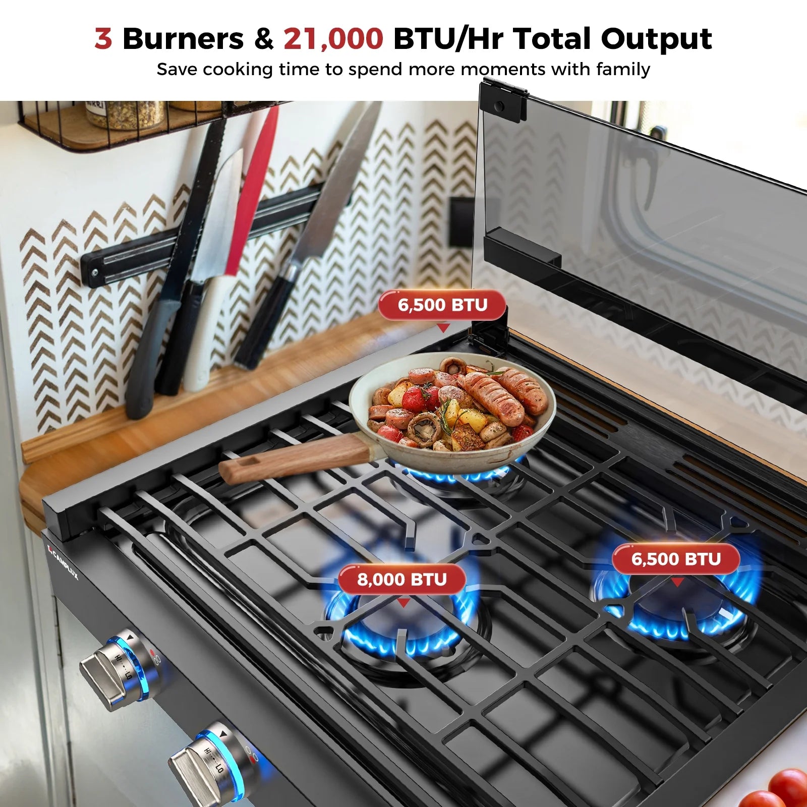 CAMPLUX RV Cooktop 3 Burners Slide-in, Outdoor Propane Cooktop Stove with Tempered Glass Cover, 21 inches Gas Rangetop, 21,000BTU, Black