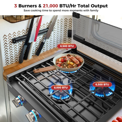CAMPLUX RV Cooktop 3 Burners Slide-in, Outdoor Propane Cooktop Stove with Tempered Glass Cover, 21 inches Gas Rangetop, 21,000BTU, Black