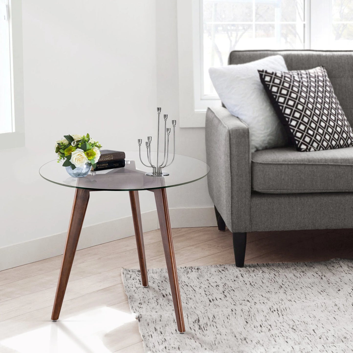 Ivinta Modern Round Glass Home Kitchen Small Dining Table Brown Oak Legs 31.5 inch
