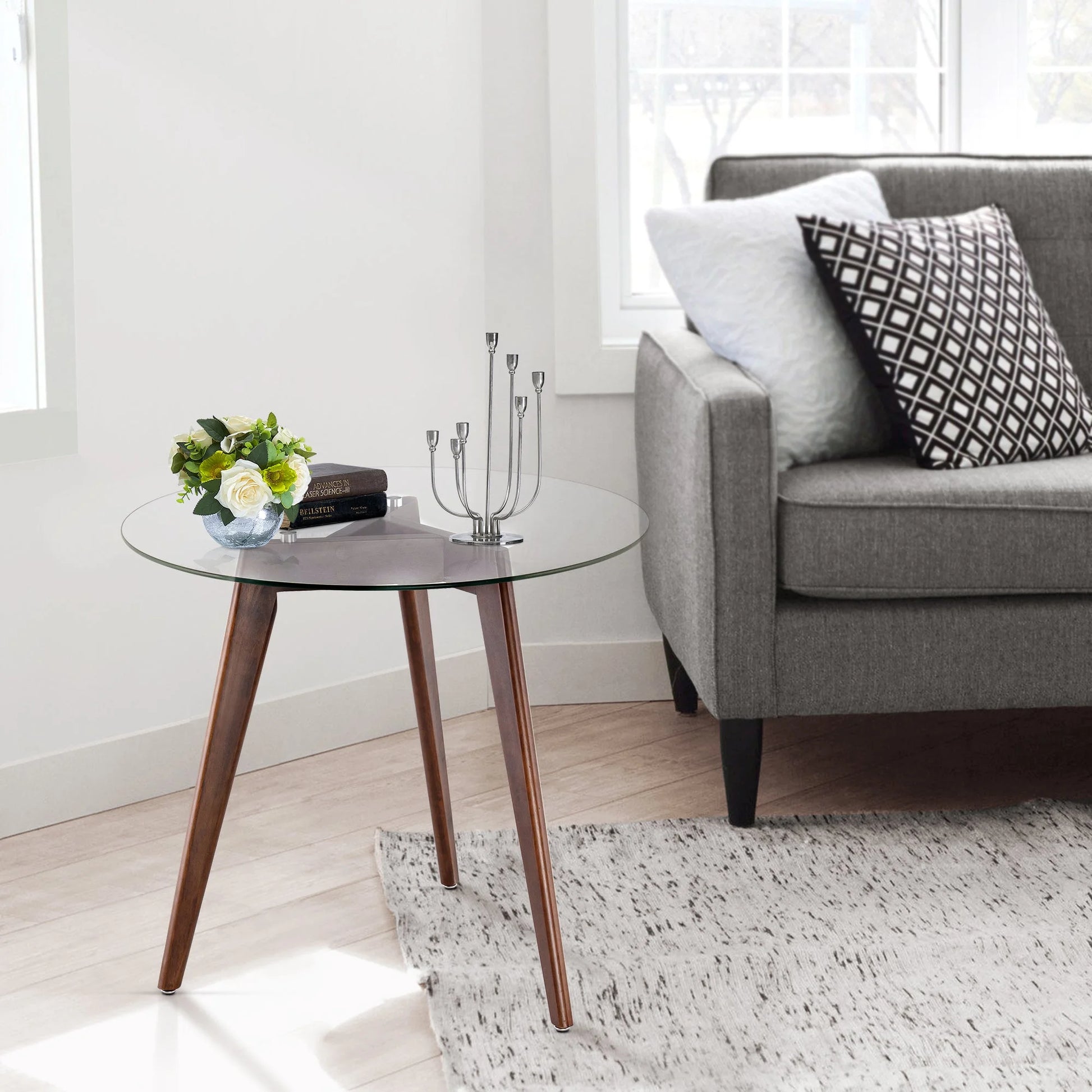 Ivinta Modern Round Glass Home Kitchen Small Dining Table Brown Oak Legs 31.5 inch