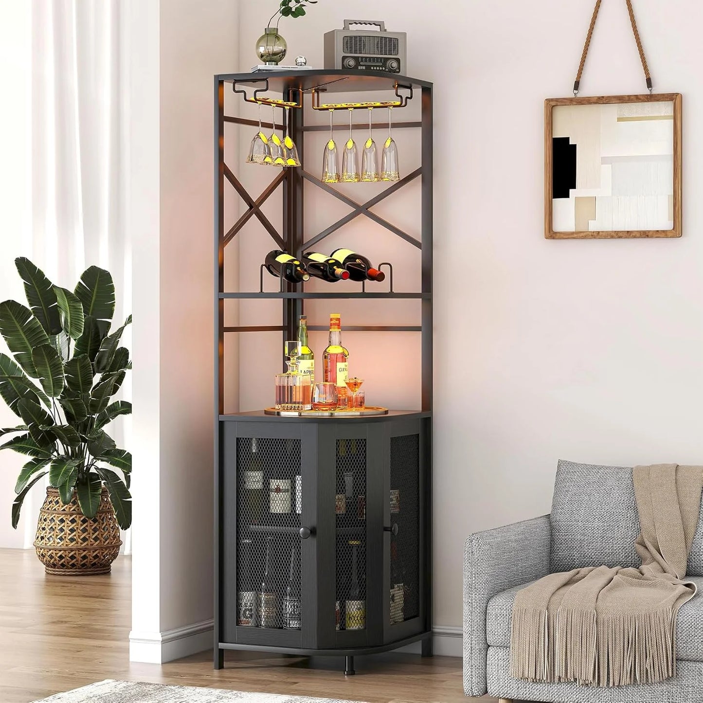 Frmobepts Corner Bar Cabinet with Power Outlet, Industrial Wine Cabinet with LED Strip and Glass Holder, 5-Tiers Liquor Cabinet Bar Unit for Home, Black