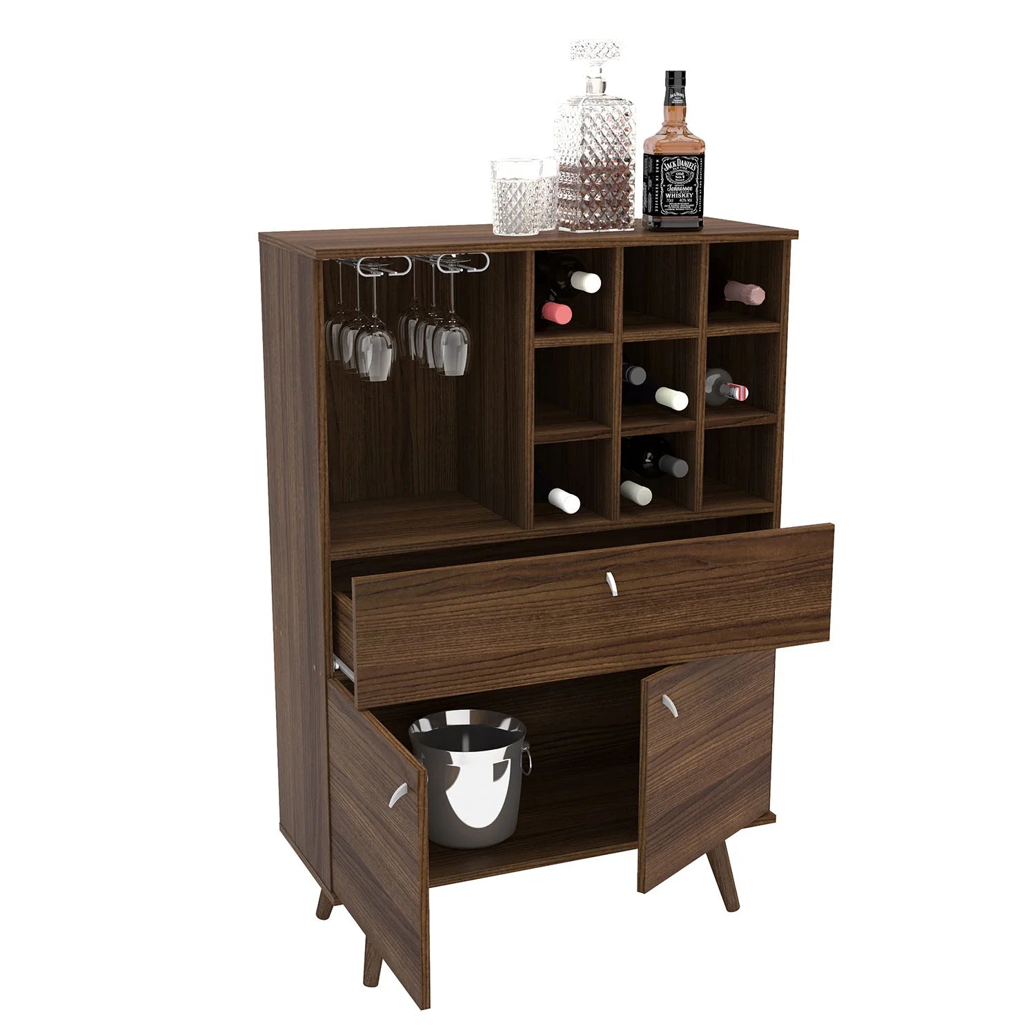 Polifurniture Salamanca Modern Bar Cabinet with Wine Rack and Glass Holder, Walnut