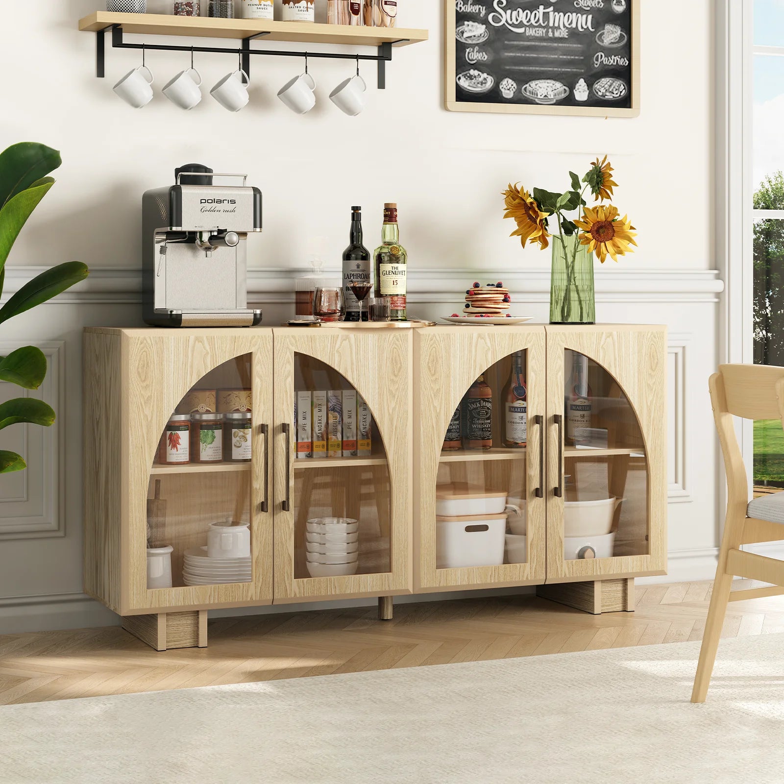 JOINICE Modern Accent Cabinet with Adjustable Shelves and Arched Glass Door,Buffet Cabinet with Storage,for Living Room,Dining Room,Entryway,Hallway,Black