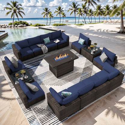 Grezone 15 Pieces Patio Furniture Set with Fire Pit Table, All Weather Outdoor Sectional PE Rattan, Patio Conversation Sets Cushions & Black-glass Coffee Table for Garden Lawn Balcony Porch Deck, Red