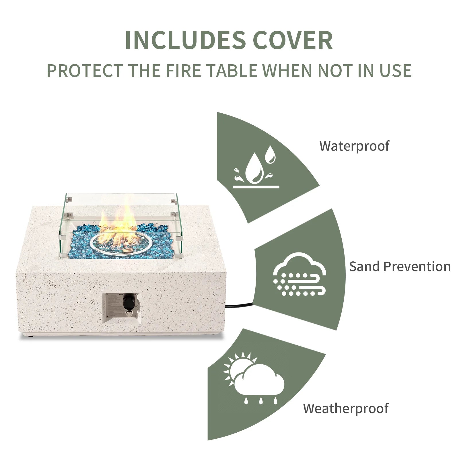 COSIEST 35" Square Concrete Fire Pit Table with Fire Glass & Wind Guard