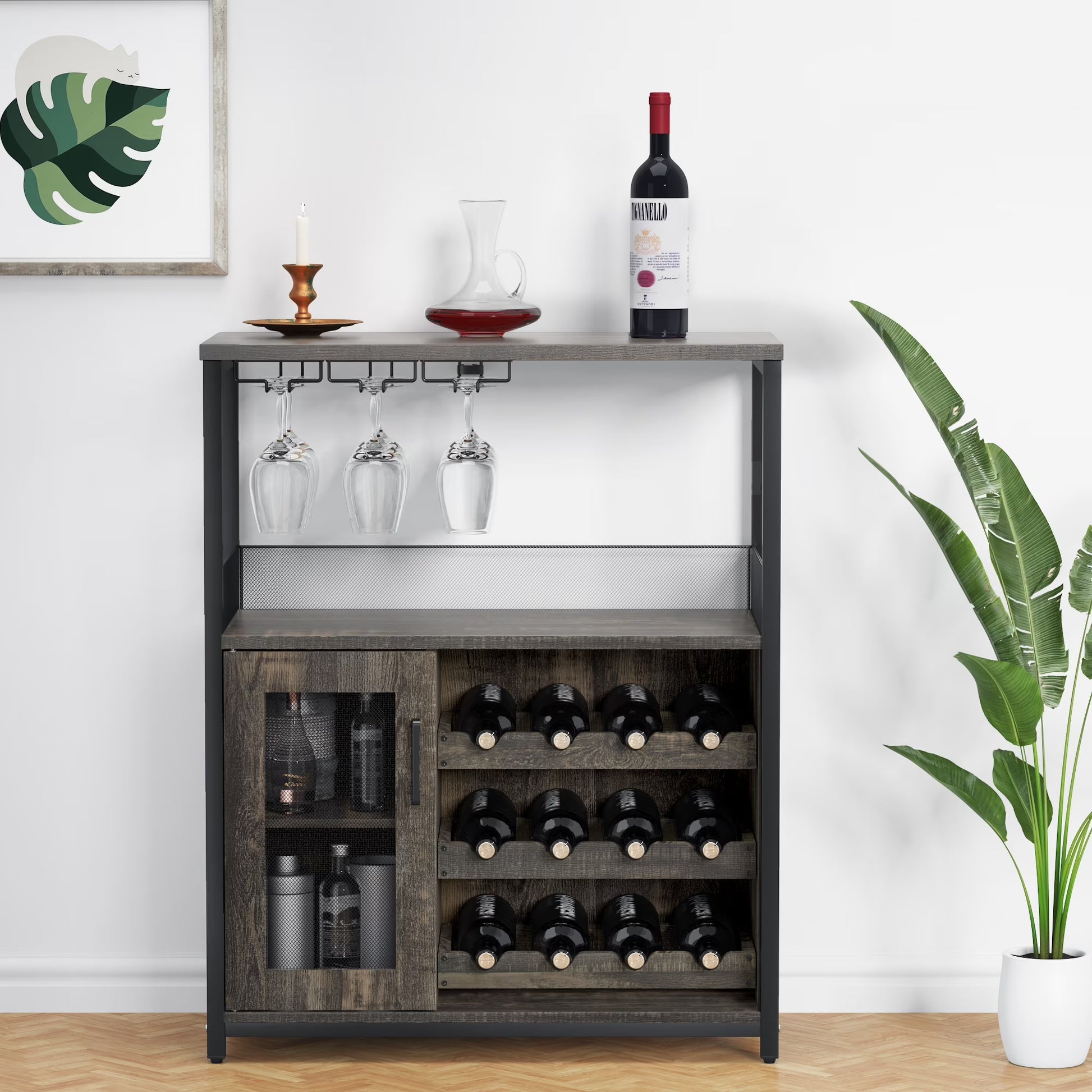 Wine Bar Rack Cabinet with Detachable Wine Rack, Bar Cabinet with Glass Holder, Small Sideboard and Buffet Cabinet with Mesh Door (White)