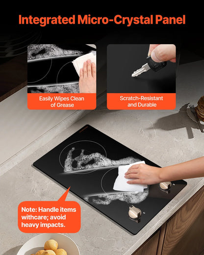 KFFKFF 12 Inch Induction Stove, 1800W 2 Burner Electric Cooktop Built-in Stove top with Knob-Controlled, 12 Heat Levels, Glass Top, Automatic Power-Off