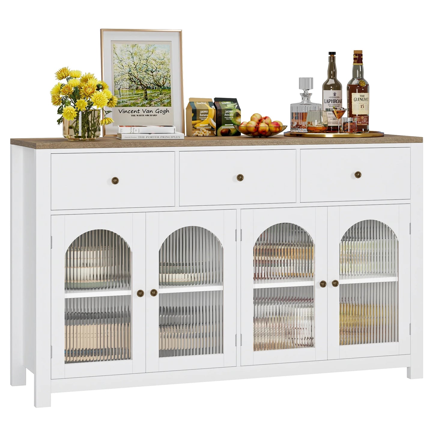 Homfa 55'' Large Sideboard Buffet Cabinet, Kitchen Storage Cabinet with 3 Drawers and 4 Glass Doors, Wood Coffee Bar Cabinet for Living Room, White