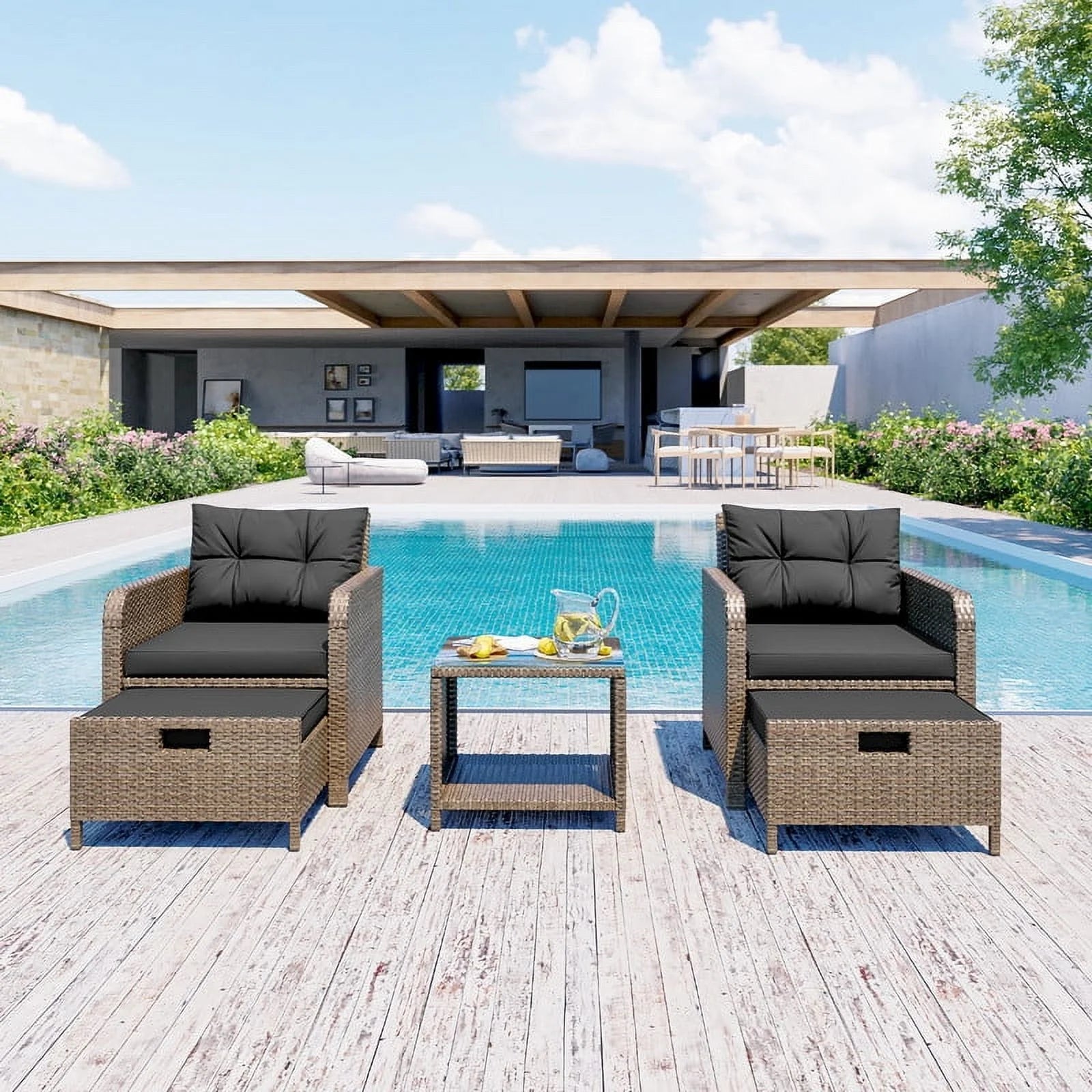 LHBcraft 5-Piece Outdoor Patio Furniture Set, PE Wicker Rattan Lounge Chairs with Soft Cushions, 2 Ottomans & Glass Table for Porch, Lawn Yellow Wicker