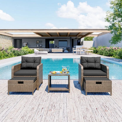 LHBcraft 5-Piece Outdoor Patio Furniture Set, PE Wicker Rattan Lounge Chairs with Soft Cushions, 2 Ottomans & Glass Table for Porch, Lawn Yellow Wicker