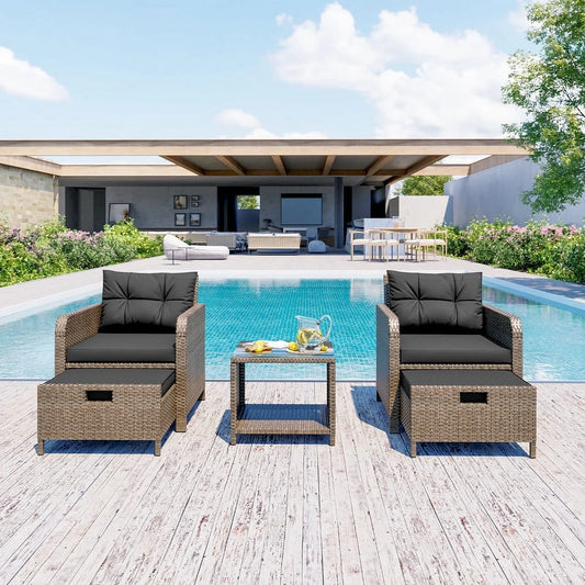 LHBcraft 5-Piece Outdoor Patio Furniture Set, PE Wicker Rattan Lounge Chairs with Soft Cushions, 2 Ottomans & Glass Table for Porch, Lawn Yellow Wicker