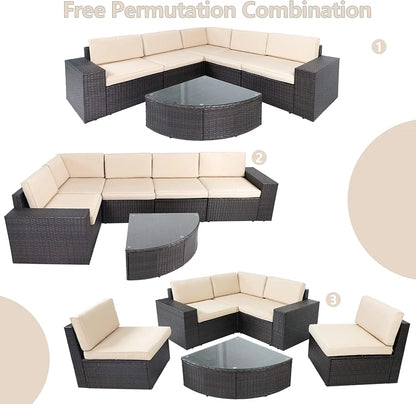 SOLAURA 6-Piece Patio Furniture Outdoor Conversation Set Patio All-Weather Wicker Sectional Sofa with Glass Coffee Table and Brown Cushions