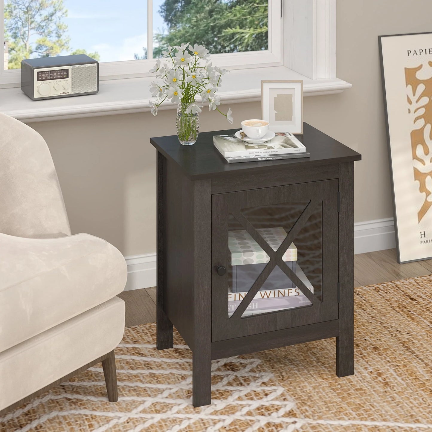Jaxpety Set of 2 Nightstands Bedside Table W/x-Design Glass Door for Bedroom Living Room, Dark Gray